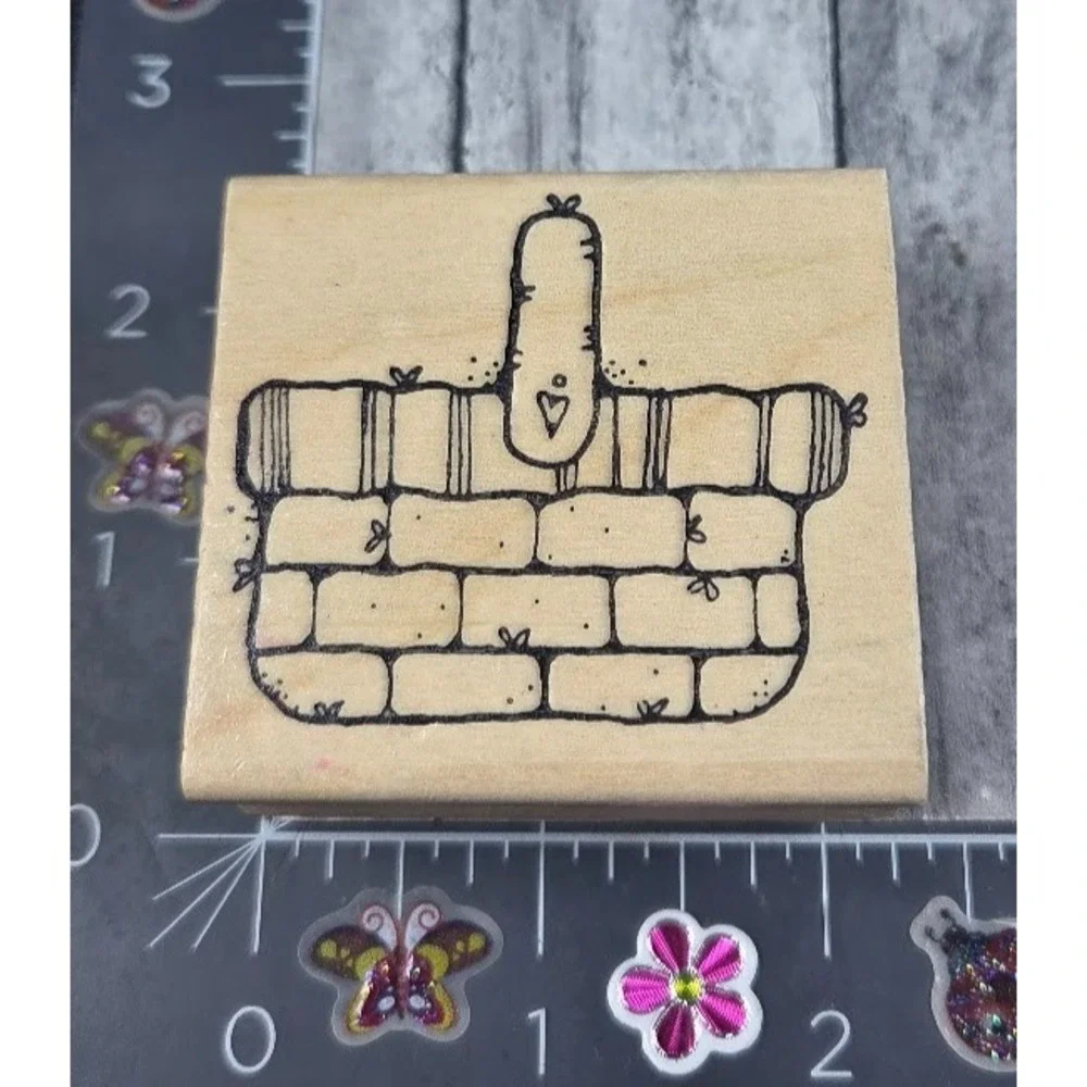 Hooks Lines Inkers Wicker Basket Picnic Heart Rubber Stamp Wood #i45